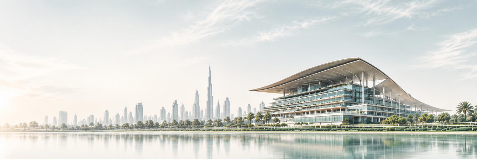 The Meydan grandstand and the Dubai skyline across the water